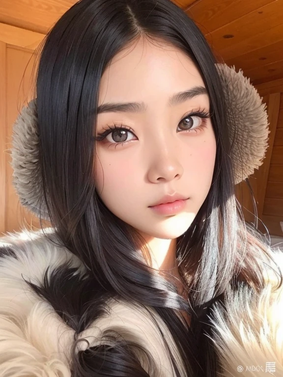 Mujer arafed con largo cabello negro vistiendo un abrigo de piel y un sombrero peludo., young cute wan asian face, Asian face, asian features, beautiful asian girl, Hermosa modelo china, south east asian with round face, cabello negro y ojos grandes, detailed face of a asian girl, lindos ojos redondos rasgados, Hermosa Delphine, grandes ojos redondos, Wan adorable cara coreana