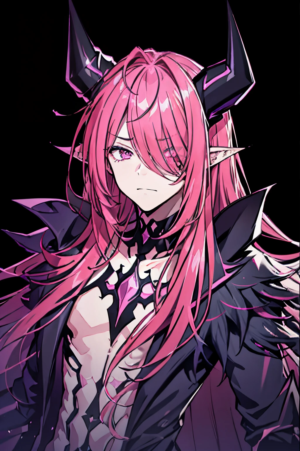pointy ears, pink hair, comics, male focus, pink eyes, man, facial mark, demon boy, solo, long hair, male, horns, upper body, demon horns, hair between eyes, (hair over one eye:1.4), depressive expression, emo hair