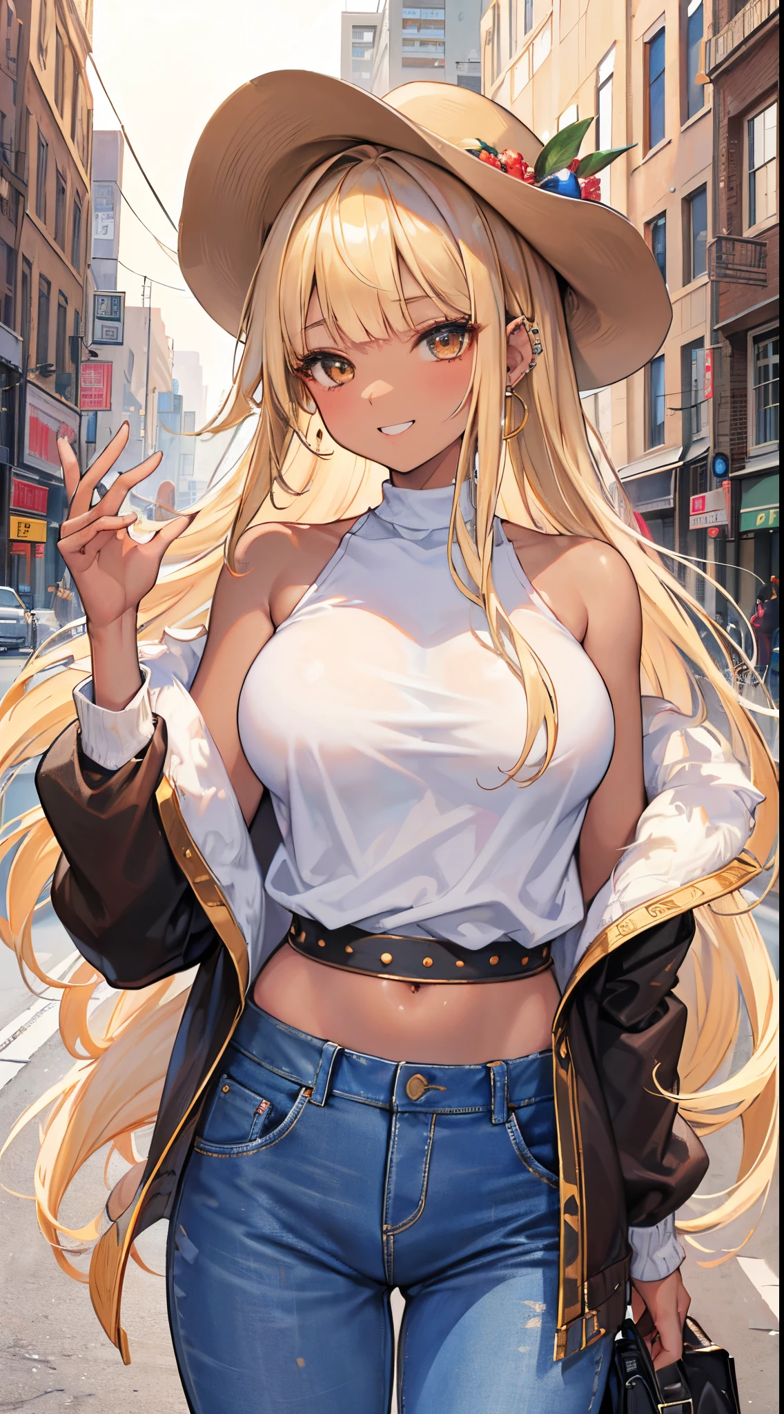 (8K、Top image quality、top-quality、​masterpiece)、A detailed face、1 girl in、Blonde longhair、blunt bangs、Golden eyes、piercings、((Brown skin))、((skin tanned))、Grinning、very Bigger breasts、White knitwear、off shoulders、Strapless、denim、long trousers、cowboy  shot、City background