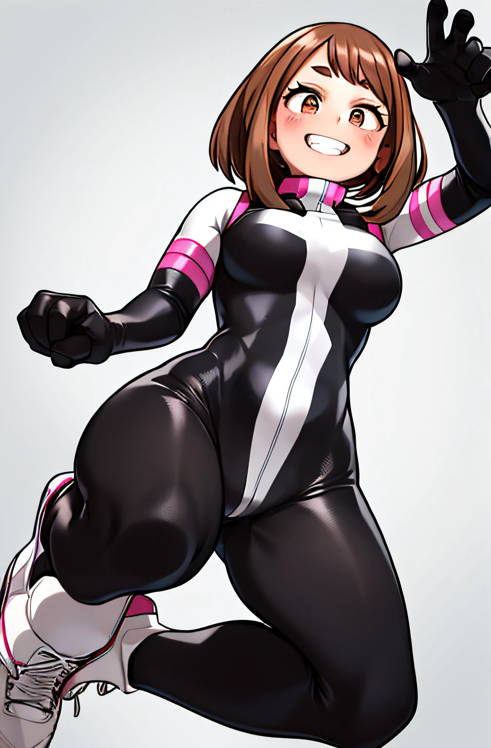 horikoshi kouhei, 1girl, uraraka ochako, absurdres, bangs, black bodysuit, blush, bodysuit, boku no hero academia, boots, breasts, brown eyes, brown hair, clenched hands, commentary request, eyelashes, full body, grin, highres, looking down, medium breasts, medium hair, skin tight, smile, solo, teeth, white footwear