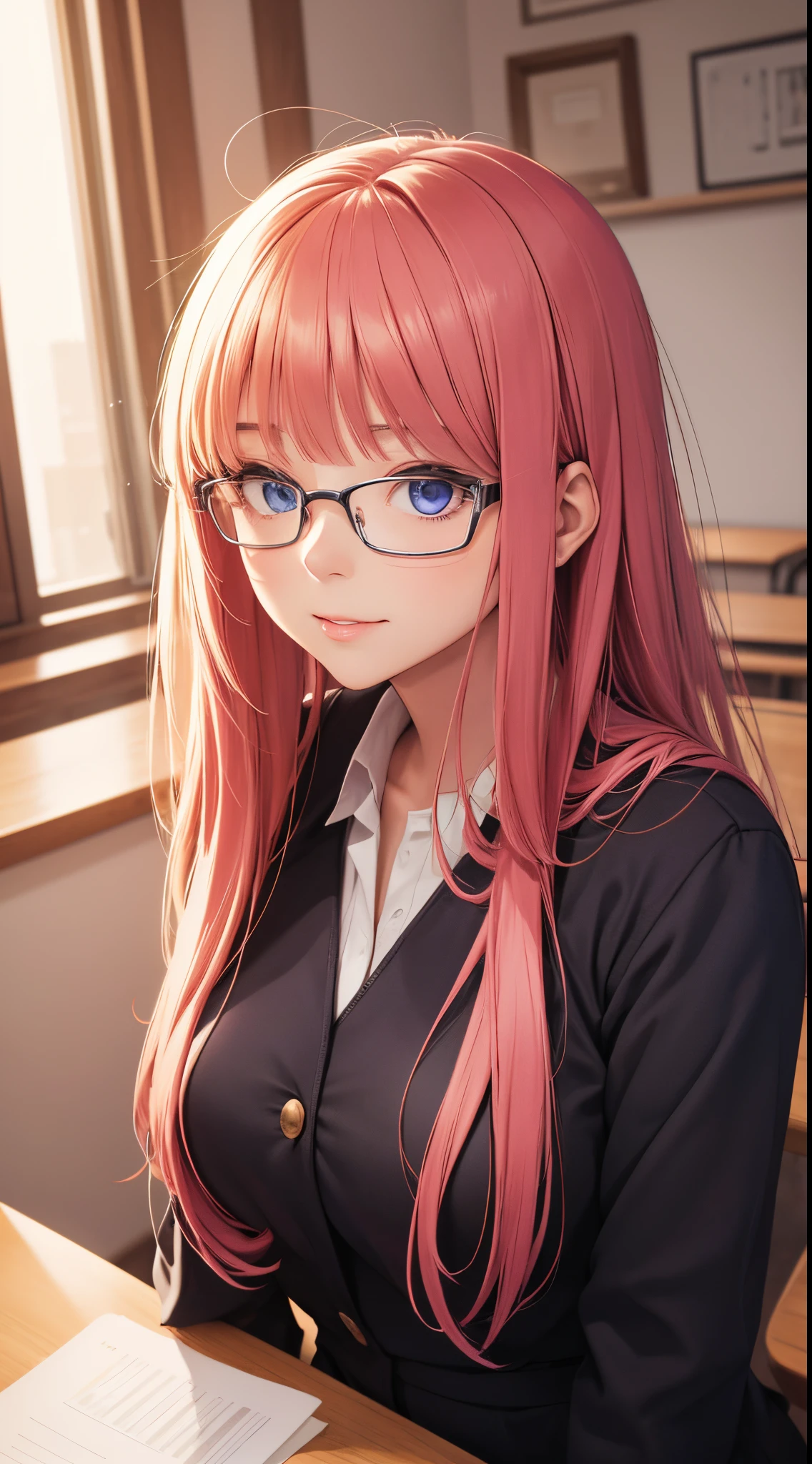 Nino Nakano sonriendo,sexy,traje de maestra,lentes,aula de clases