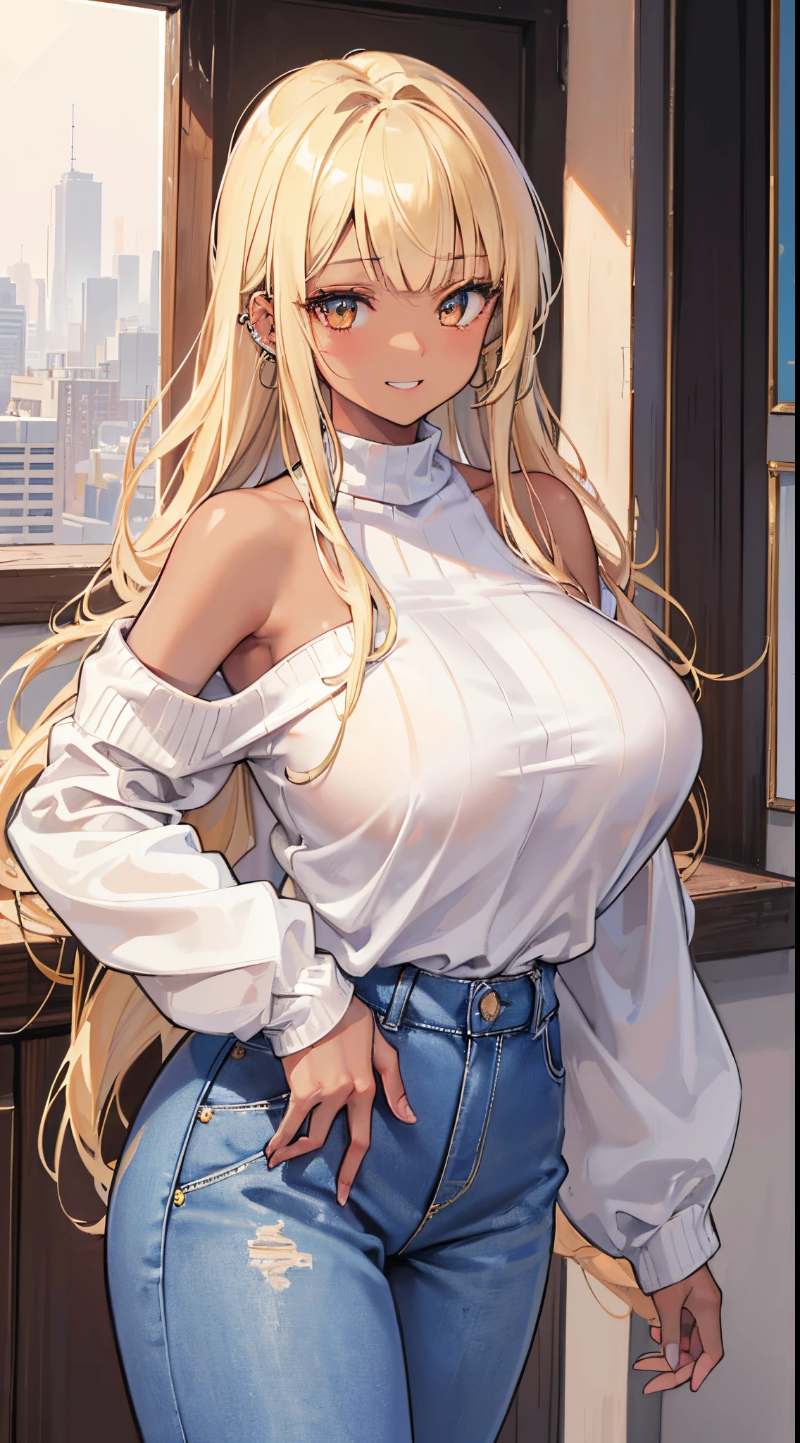 (8K、Top image quality、top-quality、masterpiece)、A detailed face、1 girl in、Blonde longhair、blunt bangs、Golden eyes、piercings、((Brown skin))、((skin tanned))、Grinning、very Bigger breasts、White sweater、off shoulders、Strapless、denim、long trousers、cowboy shot、City background