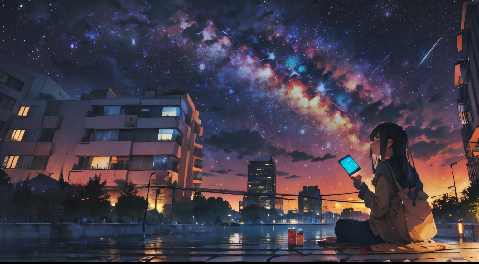 octans, sky, star (sky), scenery, starry sky, night, 1girl, night sky, solo, outdoors, building, cloud, milky way, sitting, tree, long hair, city, silhouette, cityscape --auto --s2