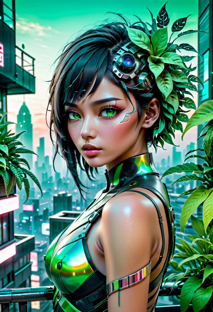 (aesthetic)Cyberpunk rooftop penthouse, (best quality,4k,8k,highres,masterpiece:1.2), ultra-detailed, (realistic,photorealistic,photo-realistic:1.37)
Asian cyberpunk girleautiful detailed eyes,beautiful detailed lips,extremely detailed eyes and face,long eyelashes), (2girls, passionate expressions, dynamic poses, intricate tattoos)
Lush green plants, (tropical plants, exotic flora), (hanging plants:1.1), (vibrant green leaves, intricate details), (plants crawling on walls:1.1)
Stylish railinetallic railing, futuristic design), (glowing edges:1.1), (laser-cut patterns), (reflections on railing)
Spectacular cityscape, (neon lights, futuristic buildings), (high-tech skyline), (holographic advertisementlying vehicles:1.1)
Nighttime ambiance, (dramatic lighting, vibrant colors), (glowing city lights:1.1), (reflections on surfaces), (rainy atmosphere:1.1)
Sci-fi elementloating holographic screens), (cybernetic implants), (advanced gadgets), (high-tech fashion), (virtual reality headsets)
atmosphere, (intimate setting, passionate energy), (romantic lighting:1.1), (subtle smoke effects), (soft and warm color toneuturistic technology, (advanced AI assistants), (holographic projections), (augmented reality interactions), (levitating objects)
Elevated viewpoint, (overlooking the cityscape), (bird's-eye perspective:1.1), (dynamic angles), (sense of depth), (vantage point)