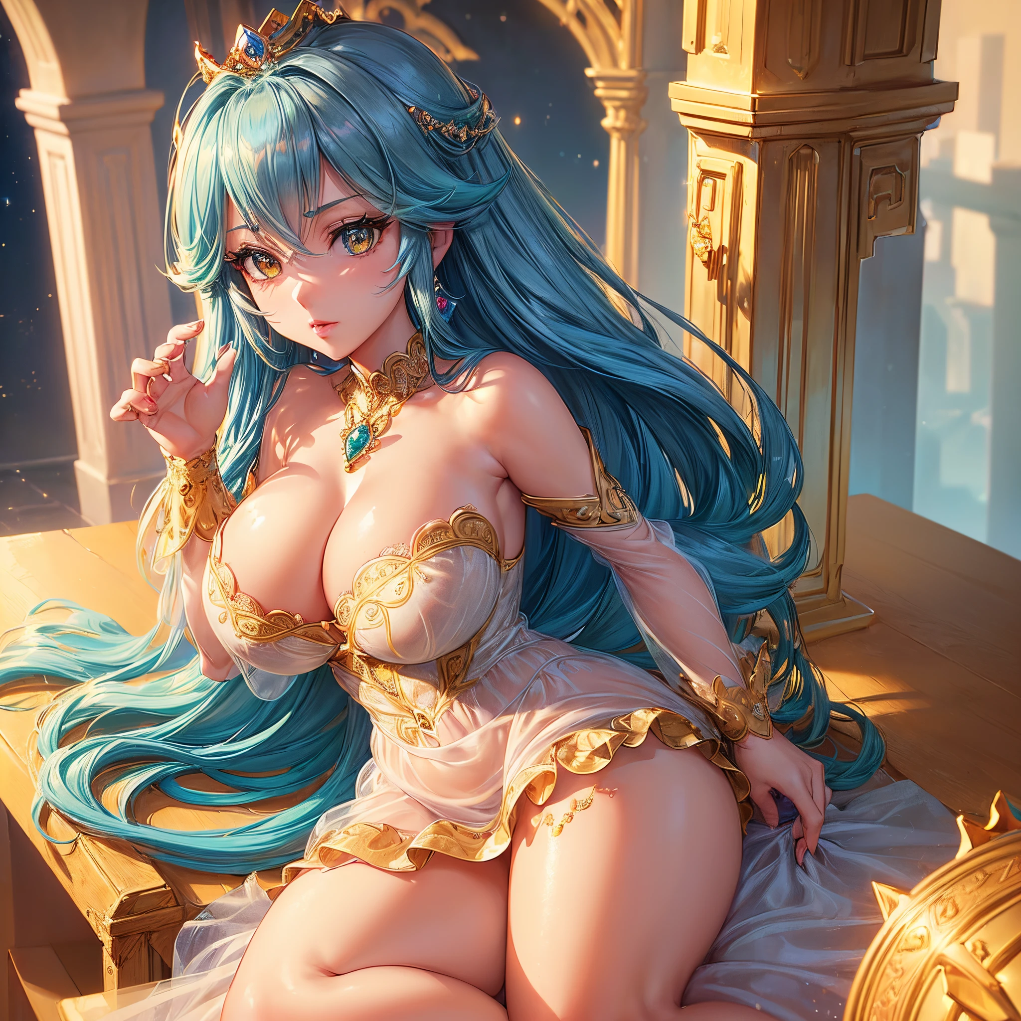 (((1girl))), looking at the camera, looking at viewer, close-up, big boobs, ((really big breasts), (thick thighs), thick, light blue hair, long hair, bangs, yellow eyes, seductive, eyelashes, yellow dress with gems, crown, in a modern room, hot and tempting, 8k, vfx, hdr, rtx,((solo)),digital art, ((beautiful embroidery and jeweled)),voluminous frills,See-through,(gorgeous embroidery and beautiful lace), cleavage, (bling-bling jeweled extremely gorgeousfull tiara),(bling-bling gorgeous gemstone jewelry), (beautiful background), half body portrait