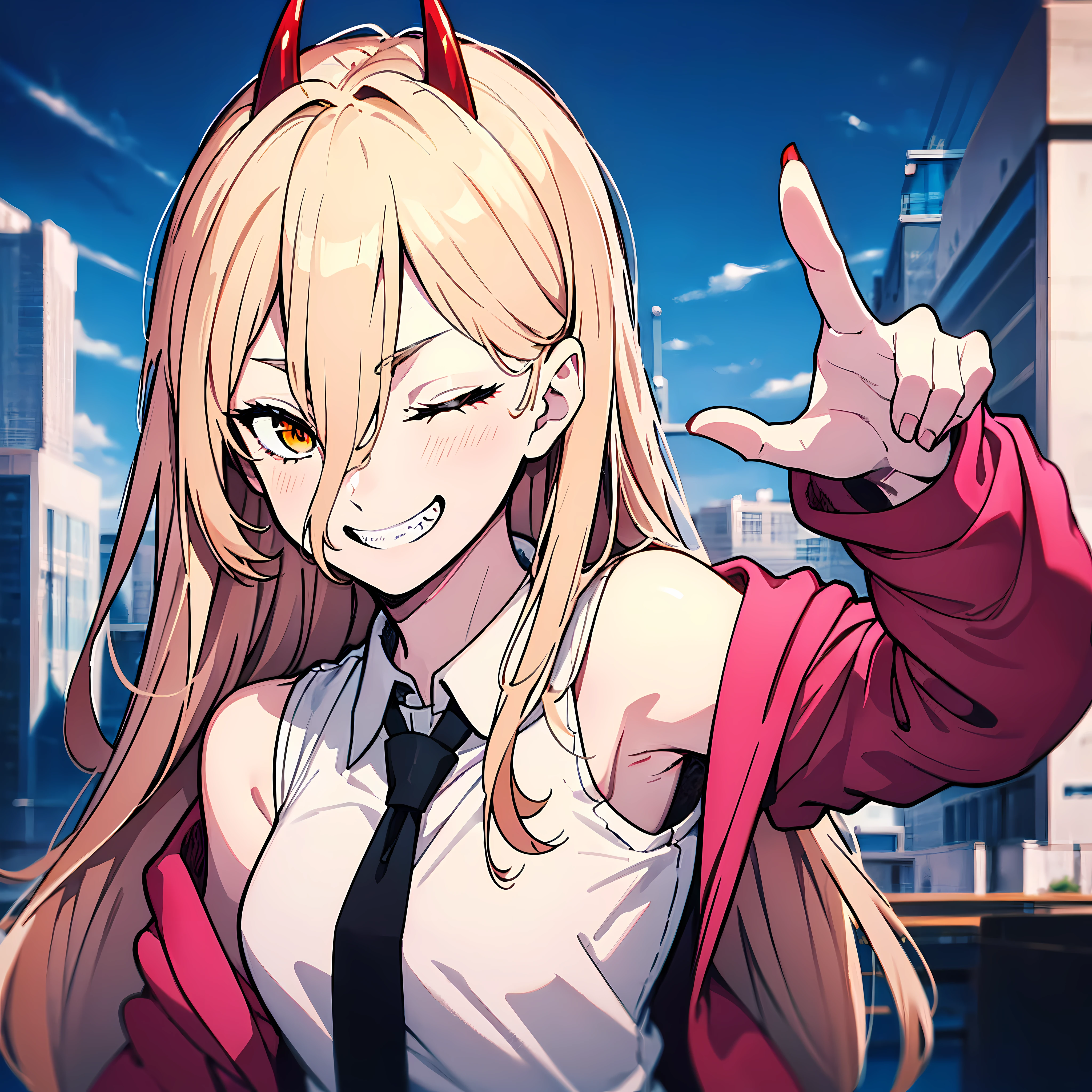 detailed, (masterpiece:1.2), (pale skin:1.2), (solo:1.2), (female), (emphasis lines:1.3), outdoors, (dynamic_pose), (sleevelesare_shoulders, tie, (office_uniform), off_shoulders, blonde, long_hair, red_horns, pointed_teeth, yellow_eyes, (winking:1.3), (one_eye_closed), (grin), tiny_breasts