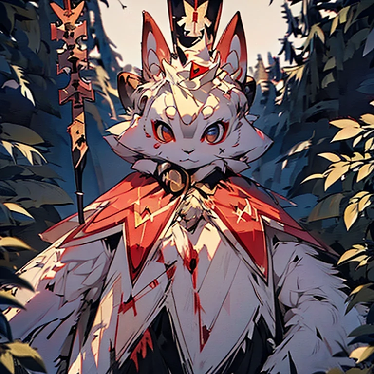 ( female white bunny)  ( white cloak with golden on it that covered in blood ) ( stars symbol on her chest) ( fairytale forest cover in snow )  ( holding a staff  ) ( death glare) ( face cover in blood)