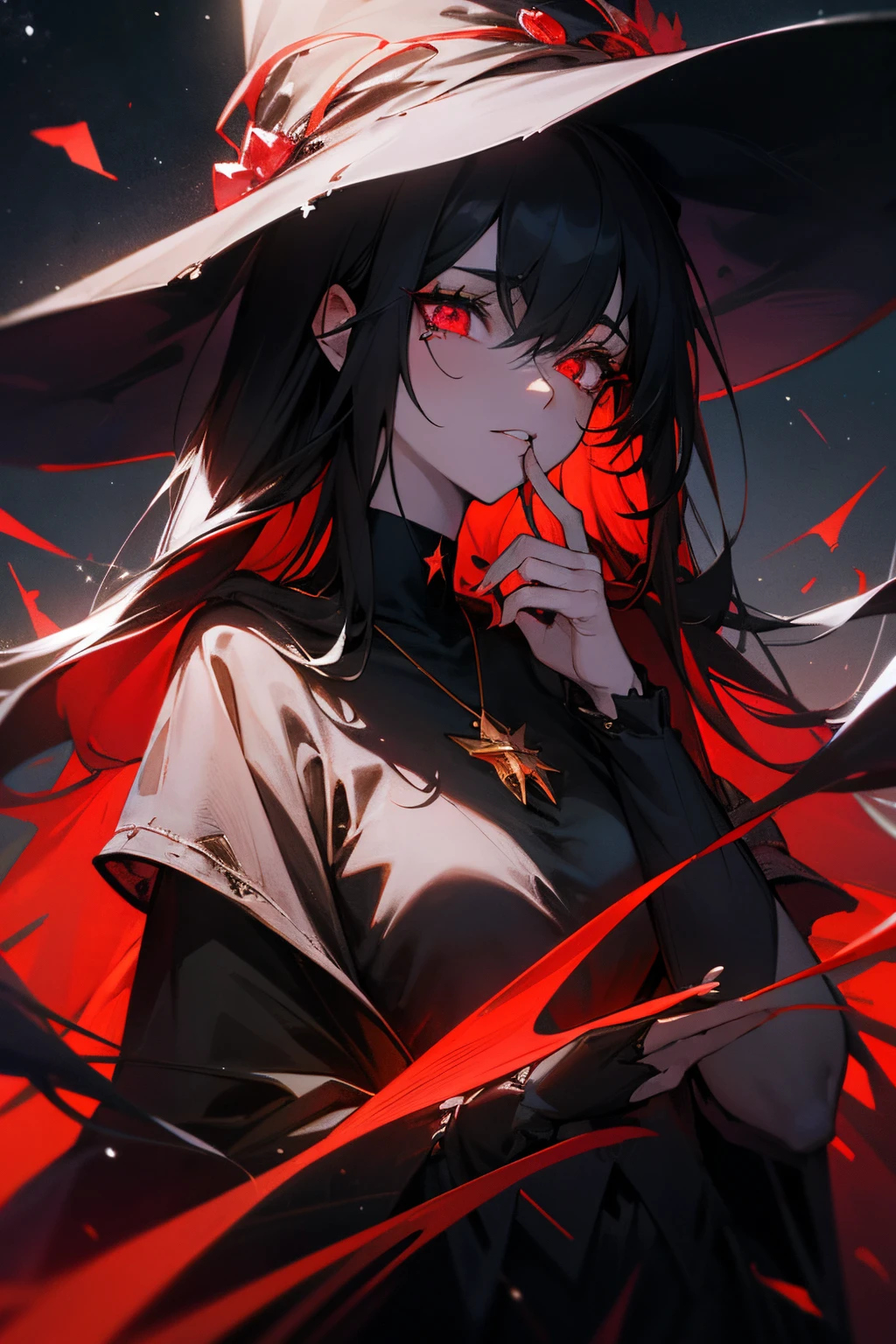 Long black hair, red eyes, aurora, laced choker, medium breasts, red ruby pendant, glowing red eyes, red magic, hand to own mouth, messy hair, mature female, face tattoos, beautiful black eyeliner, CLOSE-UP, black witch hat, witch garments, beautiful superiority, glowing cuffs, iconic witch location, Night, standing in an open field, spruce trees, vacation spot, Pale skin, starry stars, colorful, unusual pupils, glowing eyes, magic eyes, {{elegantly proportioned hands:1.2}}, {{artistically crafted fingers of appropriate length:1.3}}, {{subtle yet captivating hand details:1.3}}