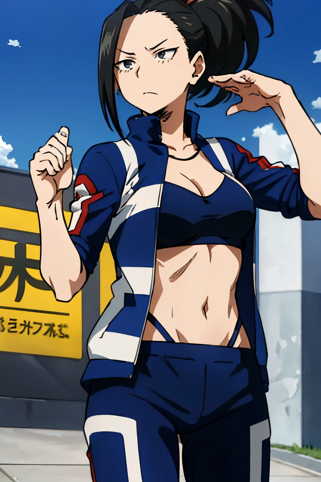 (((masutepiece))), Yaoyörzu Momo, 1girl in, Solo, Large breasts, Black hair, Navel, cleavage, Closed mouth, 鎖骨, Jacket, Ponytail, Outdoors, Open your clothes, skyporn, day, Midriff, Pants, cloud, Black eyes, Blue sky, croptop, frown, Blue jacket, clenched hand, Track jacket, Hair pulled back, track pants, (nice hand),