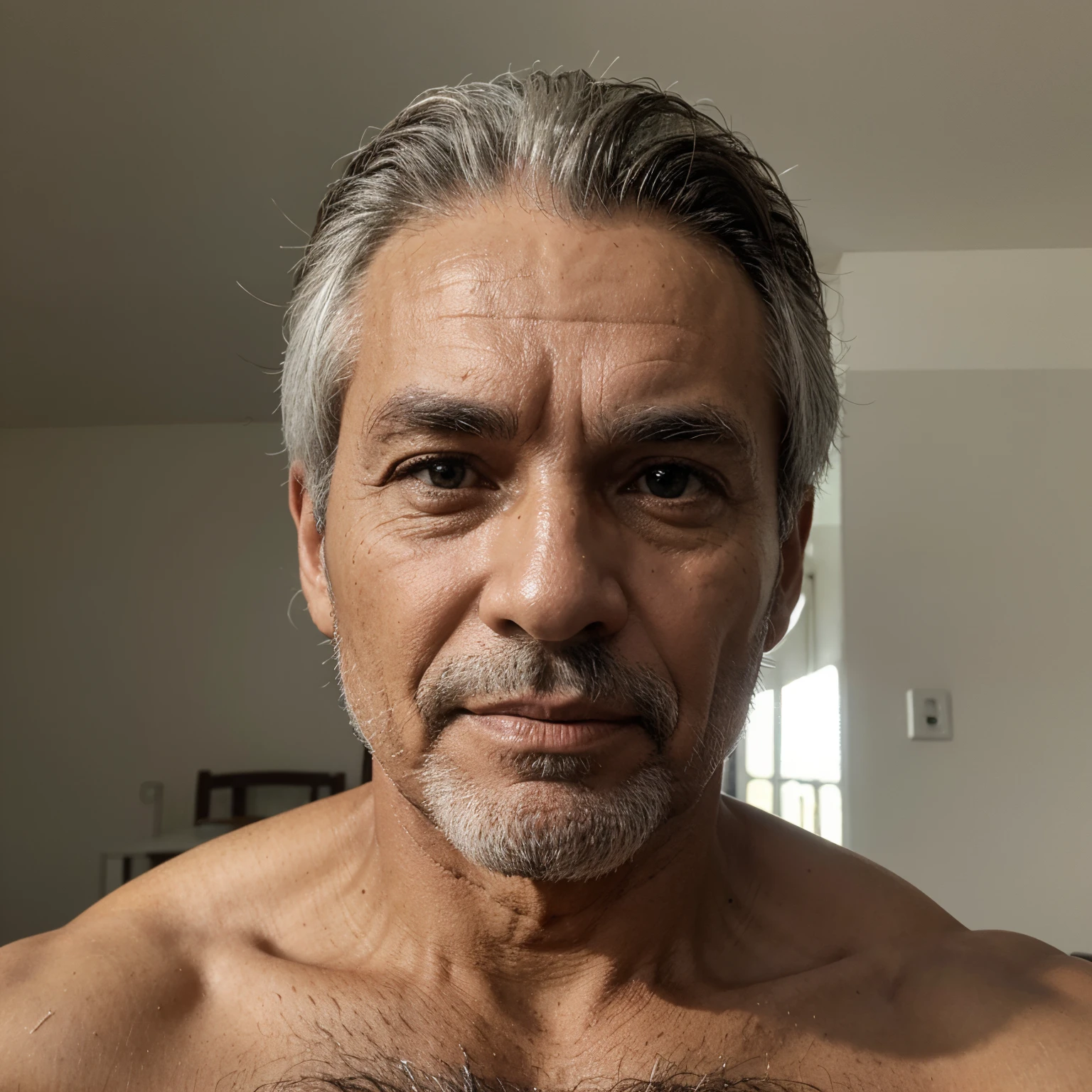 male sixty years old bald 7 day beard very fat strong