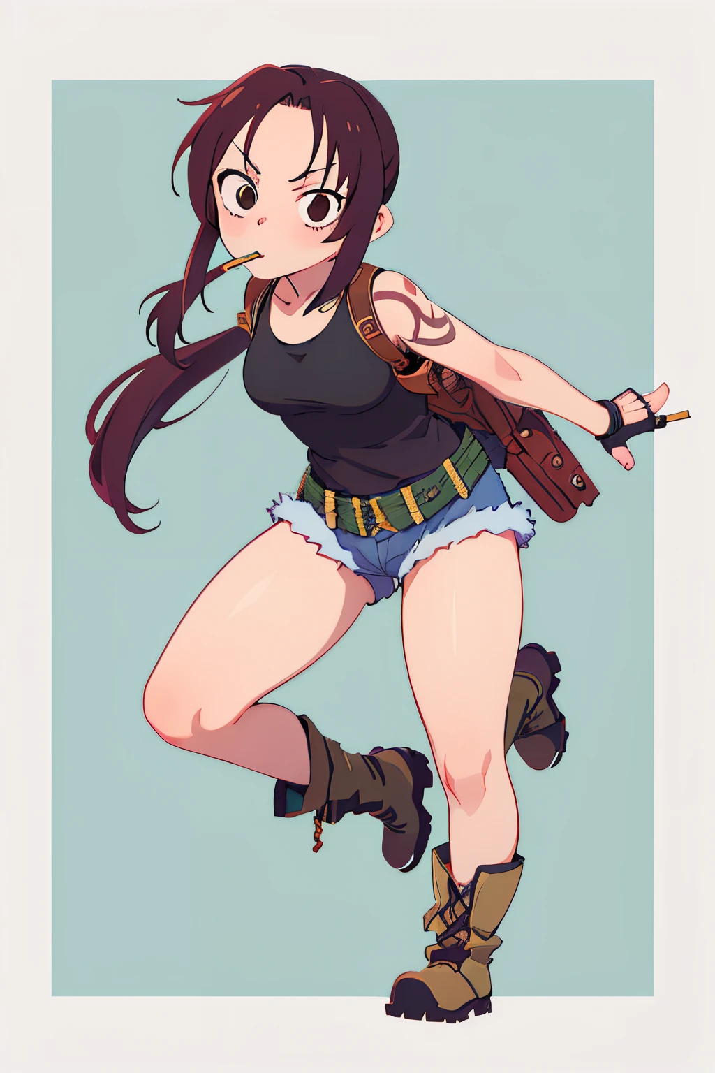 (masutepiece, Best Quality:1.2), Solo, 1girl in, review, Looking at Viewer, Pocky in the mouth, arms folded, Ponytail, Tank top, Fingerless gloves, Denim shorts, long boots, Belt bag, holster