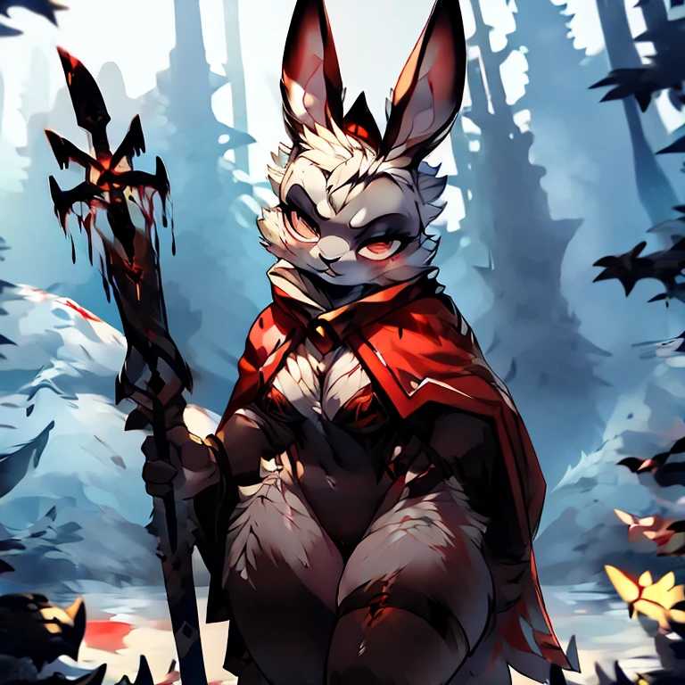 ( female white bunny) ( white cloak with golden on it that covered in blood ) ( stars symbol on her chest) ( fairytale forest cover in snow ) ( holding a staff ) ( death glare) ( face cover in blood)