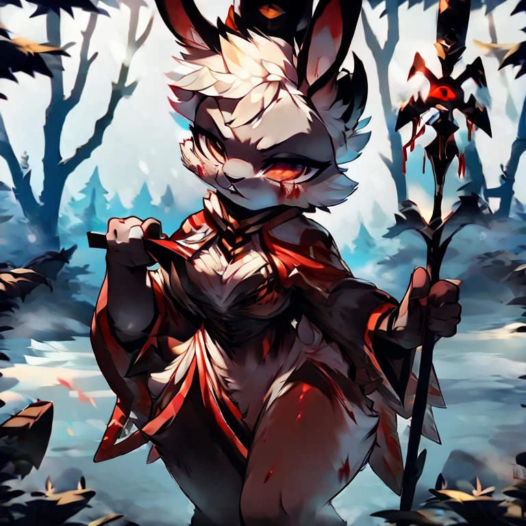 ( female white bunny) ( white cloak with golden on it that covered in blood ) ( stars symbol on her chest) ( fairytale forest cover in snow ) ( holding a staff ) ( death glare) ( face cover in blood)
