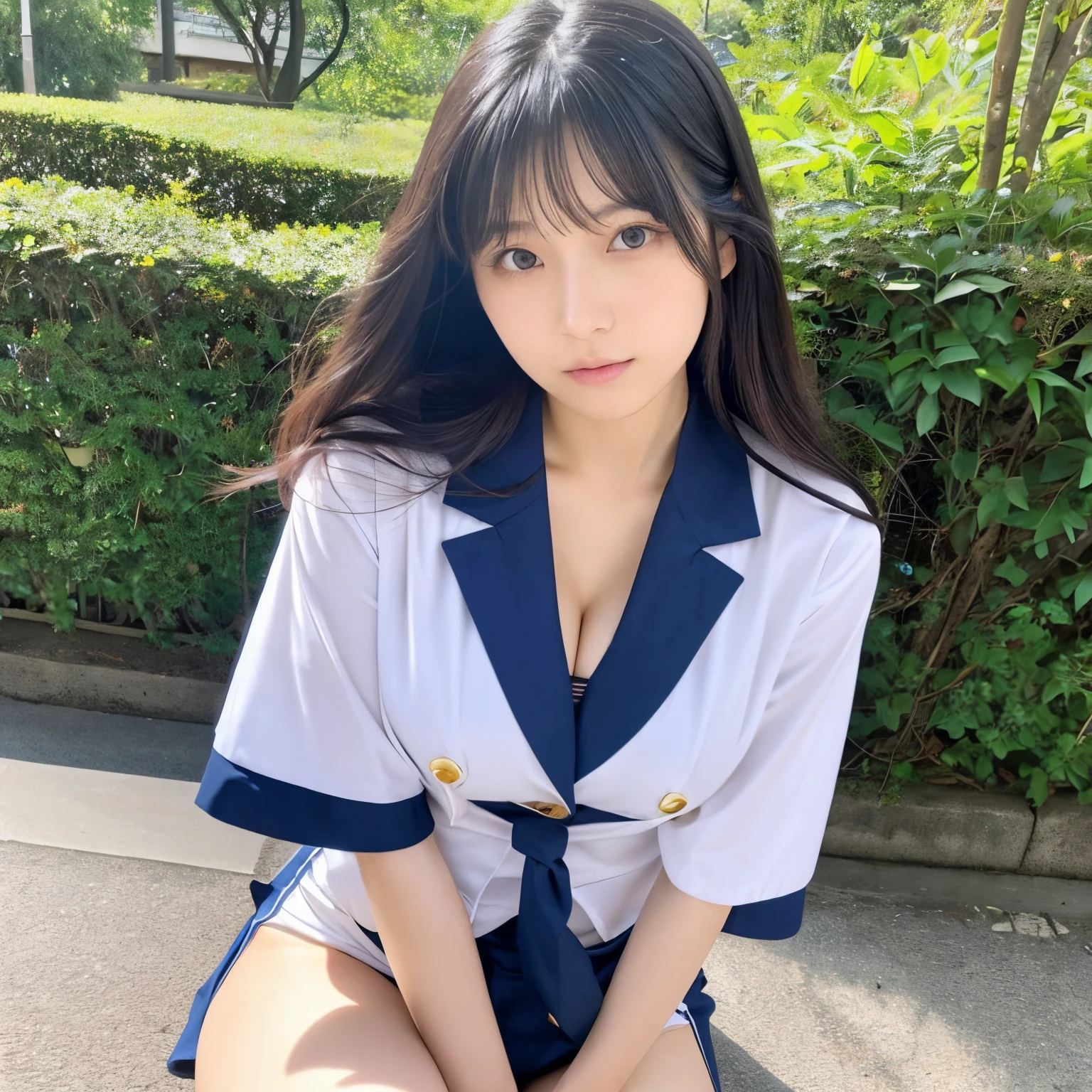 A beautiful Japanese woman with a plump body and droopy eyes who wears a uniform that shows off her thighs and breasts.