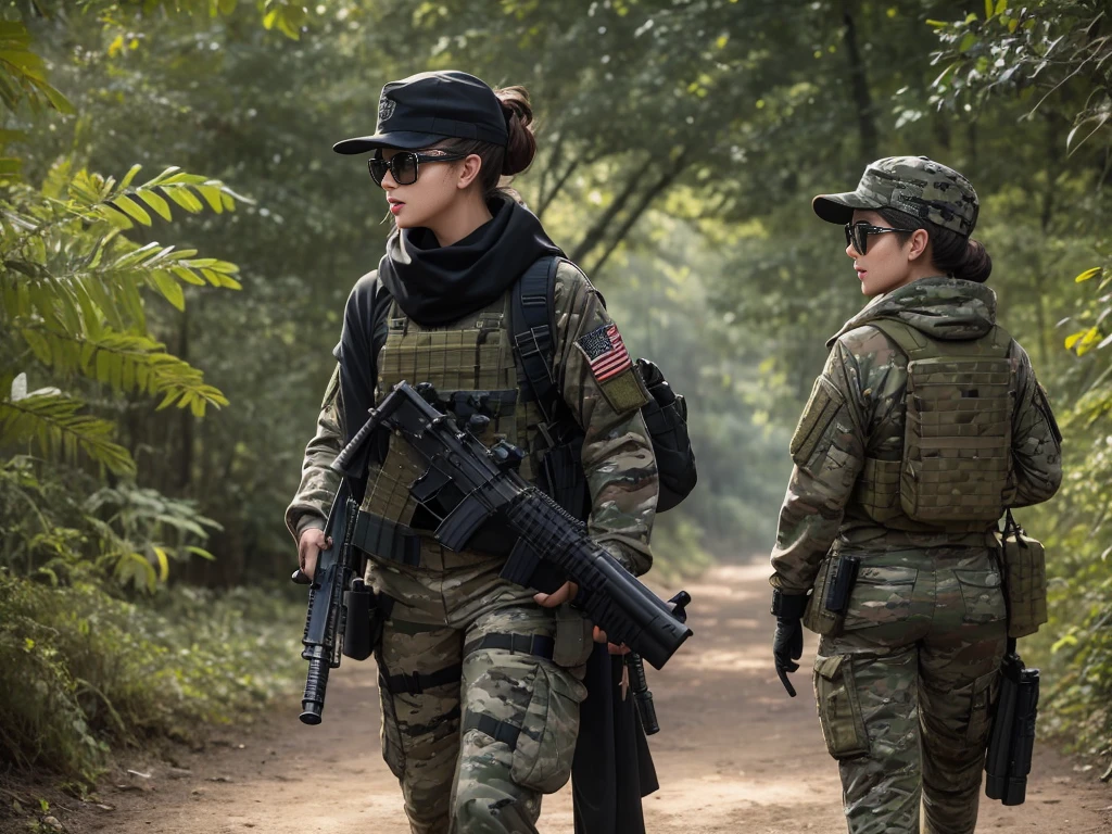 sexy, lustfull, millitary, us soldier, plate carrier, gun, M4A1 rifle, baseball hat,  camo uniform, lots of pockets, long hair sticking out the back of baseball hat,  stronge arms, in combat,, tinted combat sunglasses, bandana, combat gloves, ponytail, two girls, jungle backround, high def, 8k, night time, holosight scope, looking through scope,combat boots, having good time, gun on sling, gun on chest, natural boobs, having good time, pistol on leg, black rifle, m4a1 hanging, scarf, laughing, black gloves, black scarf, large scarf, orange tinted combat glasses, large tittys, big legs, chest plate with m4 magazines, serious, m4 style gun, messy bun, walking with m4, large chest, camo baseball hat, longe tight pants, camo pants, longe sleeve combat jacket, camo jacket, lots of pockets on jacket and pants, big ass, small splate carrier