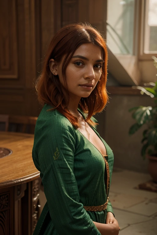An environment with parametric interior decoration and works of art, vernissage atmosphere, stunning intricate full color portrait of a indianwoman, wearing a green dress, orange hair, happy, epic character composition, by ilya kuvshinov, alessio albi, nina masic, sharp focus, natural lighting, subsurface scattering, f2, 35mm, film grain, portait, closeup, very detailed skin texture