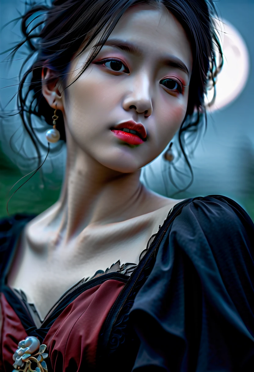 (best quality,4k,8k,highres,masterpiece:1.2),ultra-detailed,realistic:1.37,photorealistic,(HDR,UHD,studio lighting,extreme detail description),dark,night scene,ghostly atmosphere,vivid colors,soft focus

portrait,sexy Asian,gothic vampire girl,beautiful detailed eyes,dark red lips,pale skin,dark hair,long black flowing dress,long fangs,luring expression,female victim,innocent look

graveyard,full moon obscured by clouds,haunting shadows,tall tombstones,moss-covered graves,dense fog,crumbling architecture,creepy atmosphere,bats flying in the background,moonlight seeping through the trees

artistic oil painting style,dramatic lighting,contrasting colors,surreal elements,ethereal and mysterious,horror theme,gothic aesthetics

(color palette: dark tones, deep reds, shades of black and gray),(lighting: moonlight casting eerie shadows, soft moonbeams illuminating key features)

Please generate a high-quality portrait of a sexy Asian gothic vampire girl passionately kissing an innocent female victim in a haunting graveyard under a full moon obscured by clouds.