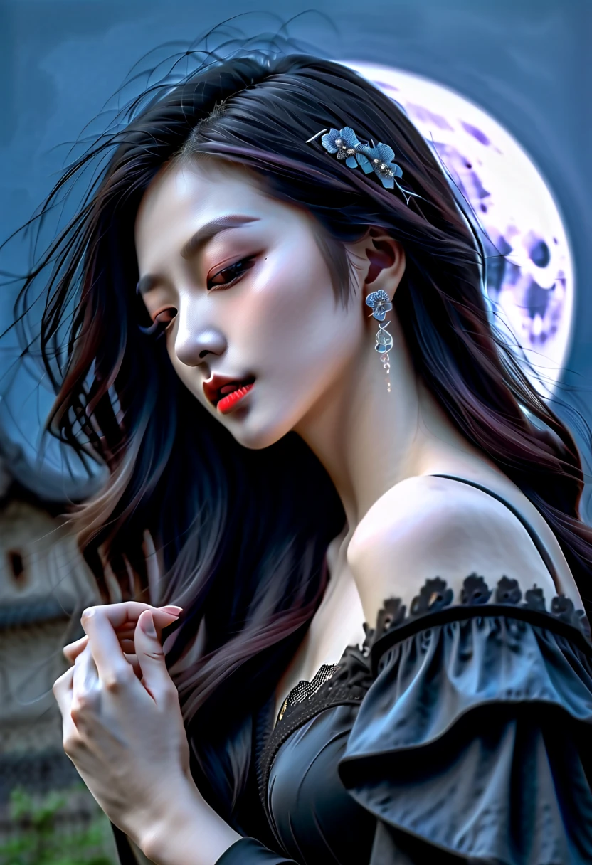 (best quality,4k,8k,highres,masterpiece:1.2),ultra-detailed,realistic:1.37,photorealistic,(HDR,UHD,studio lighting,extreme detail description),dark,night scene,ghostly atmosphere,vivid colors,soft focus
portrait,sexy Asian,gothic vampire girl,beautiful detailed eyes,dark red lips,pale skin,dark hair,long black flowing dress,long fangs,luring expression,female victim,innocent look
graveyard,full moon obscured by clouds,haunting shadows,tall tombstones,moss-covered graves,dense fog,crumbling architecture,creepy atmosphere,bats flying in the background,moonlight seeping through the trees
artistic oil painting style,dramatic lighting,contrasting colors,surreal elements,ethereal and mysterious,horror theme,gothic aesthetics
(color palette: dark tones, deep reds, shades of black and gray),(lighting: moonlight casting eerie shadows, soft moonbeams illuminating key features)
Please generate a high-quality portrait of a sexy Asian gothic vampire girl passionately kissing an innocent female victim in a haunting graveyard under a full moon obscured by clouds.