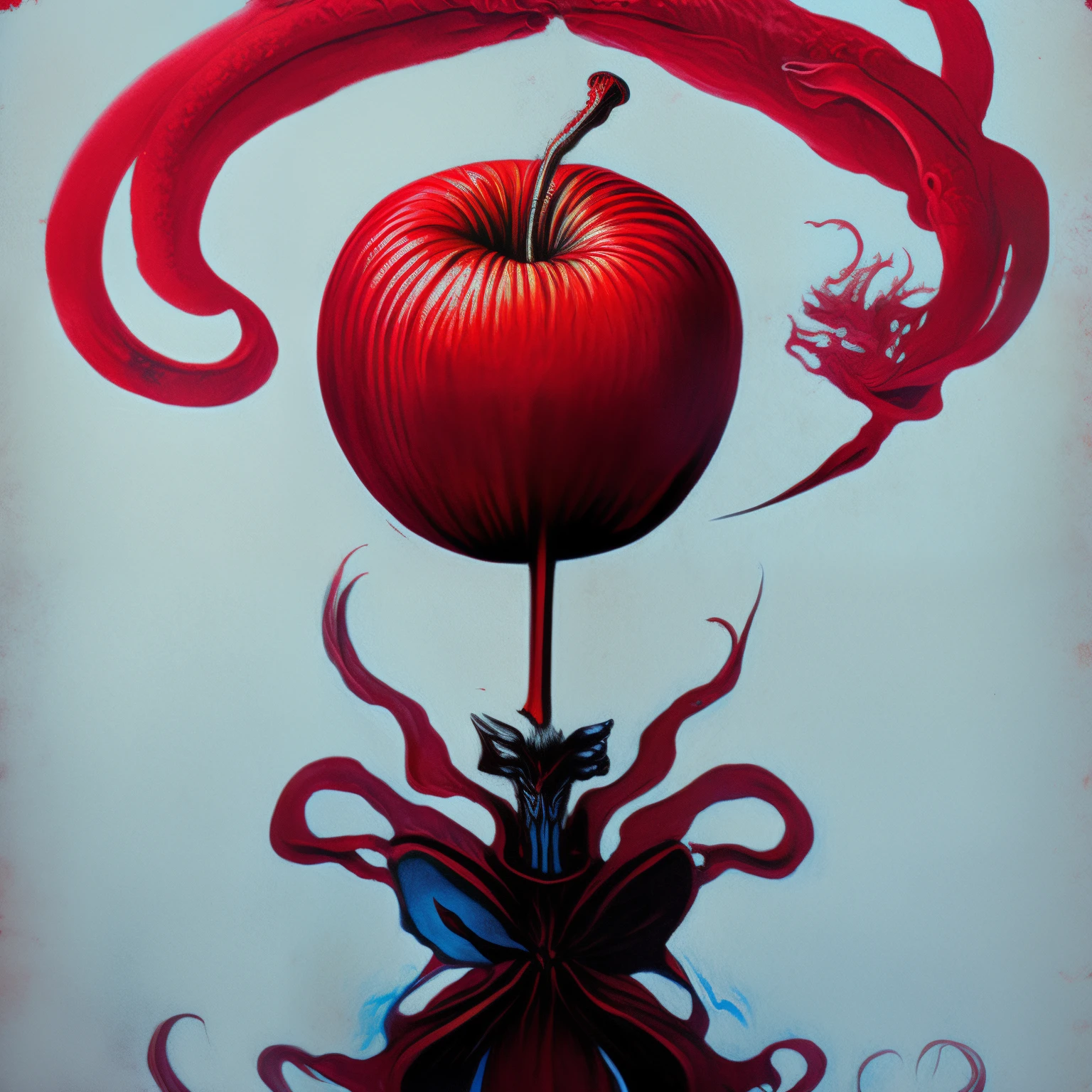 a close-up of a person holding a red apple in their hands, male djinn man demon hybrid, Fit male demon with white horns, Dagoth seu, demonic creature, djinn man male demon, arte conceitual demon soul, deus com chifres, human male demon, one a demon - like creature, one a demon-like creature, atsmofera azul celeste, FALLEN ANGEL, vermelho e azul celeste predominantes