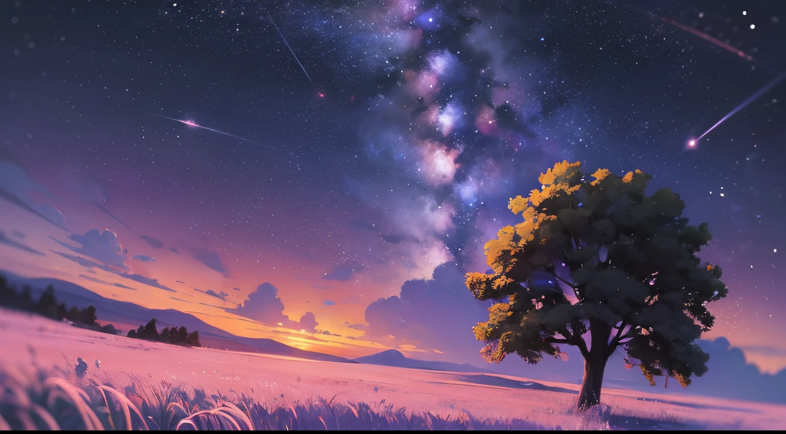 octans, heaven, estrela (heaven), paisagem, starly sky, noite, 1girl, night  sky, solo, ao ar livre, bilding, menina com fone de ouvido, nuvem, milky ways, sentado, tree, cabelo longo, cidade, silhueta, paisagem urbana --auto --s2