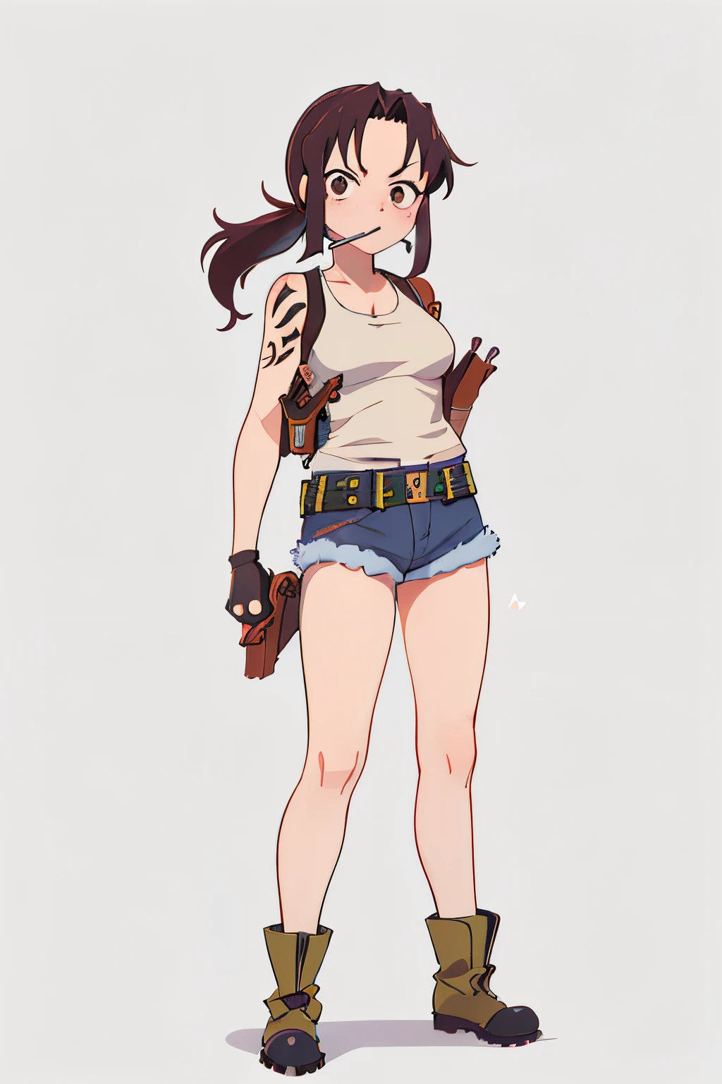 (masutepiece, Best Quality:1.2), Solo, 1girl in, review, Looking at Viewer, Pocky in the mouth, arms folded, Ponytail, Tank top, Fingerless gloves, Denim shorts, long boots, Belt bag, holster