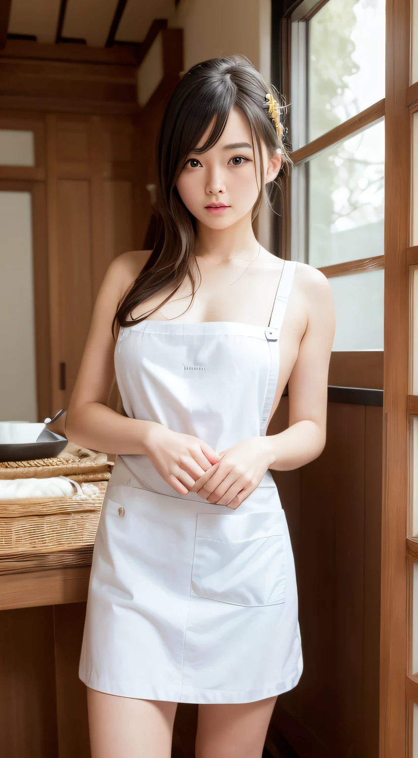 hightquality、masterpiece、ultra res、cute girl face、kitchin、barechested、pinafore、NAKED Apron、full body Esbian、Famous actresses of Japan、Very beautiful face、A sexy
