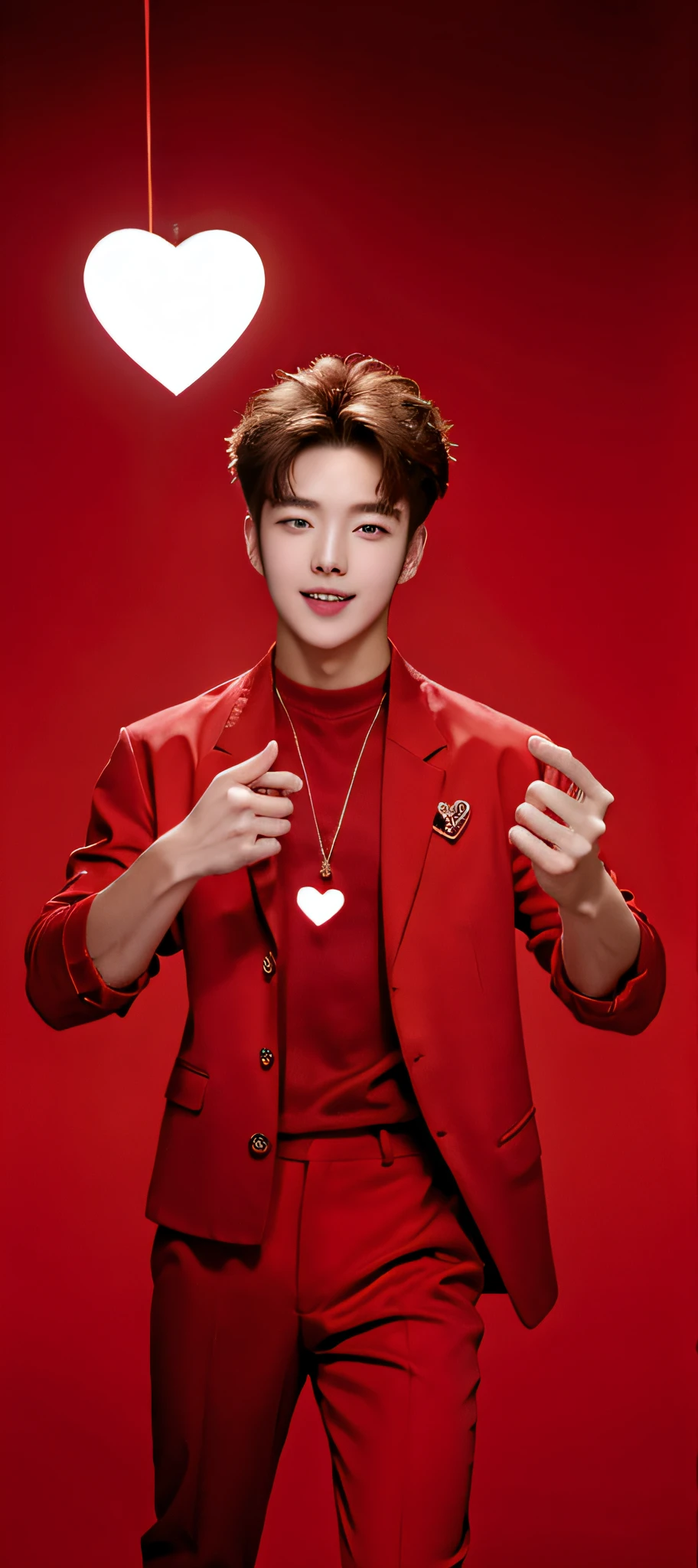 sweets 20 year-old handsome guys, red outfit, red shirt , studio picture, happy emotion, tied hair, have a heart sign in the left hand, 8k, super detail, accurate, best quality, best quality