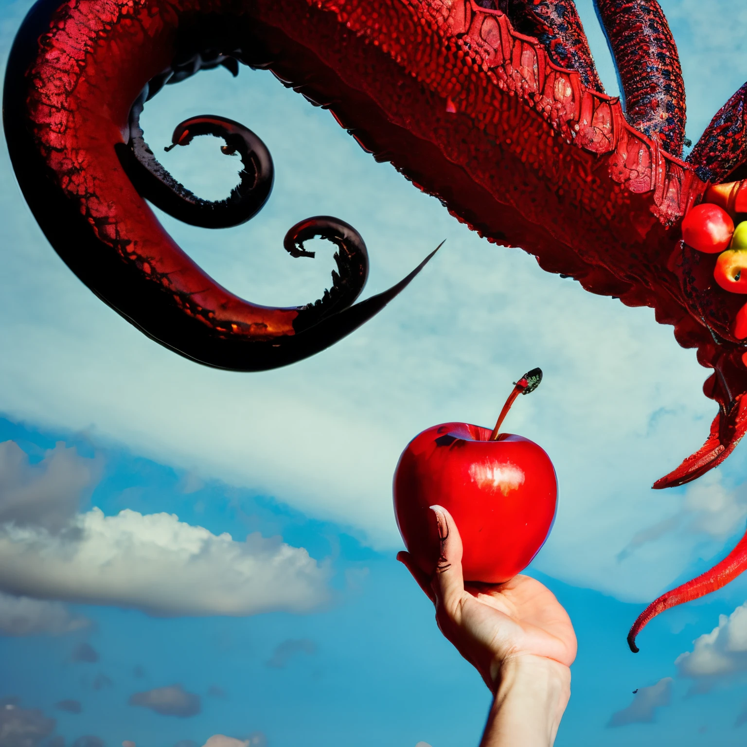 Demonic hand with snake scales, red hand, huge black nails, demonic hand holding an apple, apple with demonic face, disgusting green worm coming out of the apple's eye, sky blue background, trees and calm, forbidden fruit atmosphere, predominant red and sky blue