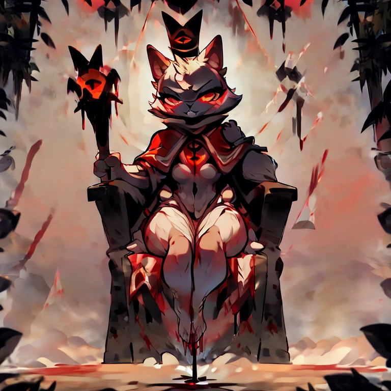 ( female white bunny)  ( white cloak with golden on it that covered in blood ) ( stars symbol on her chest) ( sitting on a throne ) ( cult tent )  ( holding a staff  ) ( death glare) ( face cover in blood)