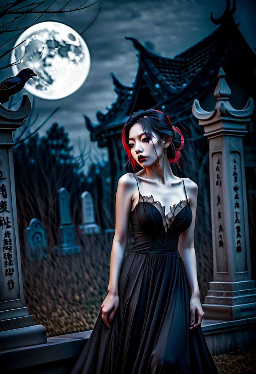 (best quality,4k,8k,highres,masterpiece:1.2),ultra-detailed,realistic:1.37,photorealistic,(HDR,UHD,studio lighting,extreme detail description),dark,night scene,ghostly atmosphere,vivid colors,soft focus

portrait,sexy Asian,gothic vampire girl,beautiful detailed eyes,dark red lips,pale skin,dark hair,long black flowing dress,long fangs,luring expression,female victim,innocent look

graveyard,full moon obscured by clouds,haunting shadows,tall tombstones,moss-covered graves,dense fog,crumbling architecture,creepy atmosphere,bats flying in the background,moonlight seeping through the trees

artistic oil painting style,dramatic lighting,contrasting colors,surreal elements,ethereal and mysterious,horror theme,gothic aesthetics

(color palette: dark tones, deep reds, shades of black and gray),(lightinoonlight casting eerie shadows, soft moonbeams illuminating key features)

Please generate a high-quality portrait of a sexy Asian gothic vampire girl passionately kissing an innocent female victim in a haunting graveyard under a full moon obscured by clouds.