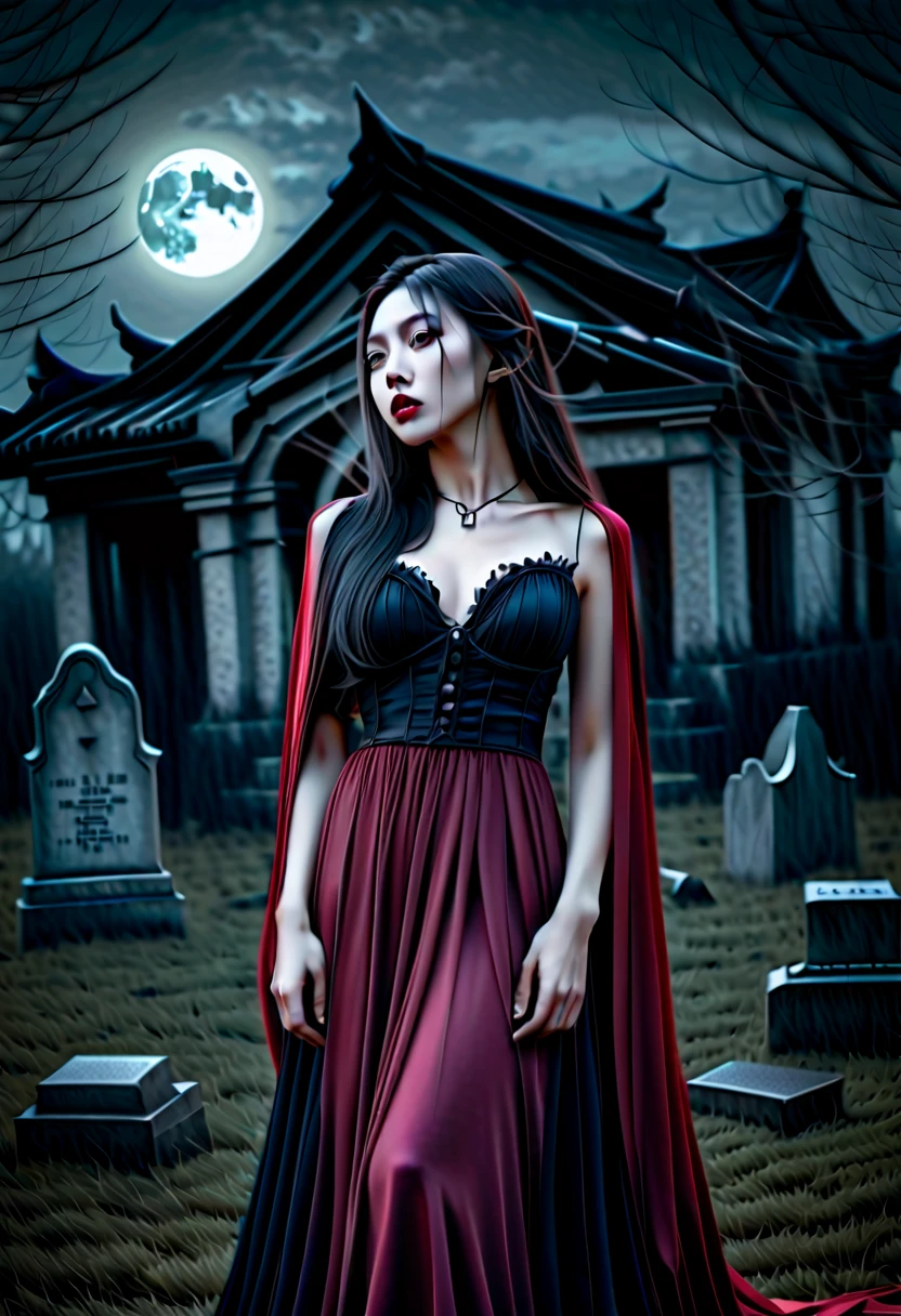 (best quality,4k,8k,highres,masterpiece:1.2),ultra-detailed,realistic:1.37,photorealistic,(HDR,UHD,studio lighting,extreme detail description),dark,night scene,ghostly atmosphere,vivid colors,soft focus
portrait,sexy Asian,gothic vampire girl,beautiful detailed eyes,dark red lips,pale skin,dark hair,long black flowing dress,long fangs,luring expression,female victim,innocent look
graveyard,full moon obscured by clouds,haunting shadows,tall tombstones,moss-covered graves,dense fog,crumbling architecture,creepy atmosphere,bats flying in the background,moonlight seeping through the trees
artistic oil painting style,dramatic lighting,contrasting colors,surreal elements,ethereal and mysterious,horror theme,gothic aesthetics
(color palette: dark tones, deep reds, shades of black and gray),(lightinoonlight casting eerie shadows, soft moonbeams illuminating key features)
Please generate a high-quality portrait of a sexy Asian gothic vampire girl passionately kissing an innocent female victim in a haunting graveyard under a full moon obscured by clouds.