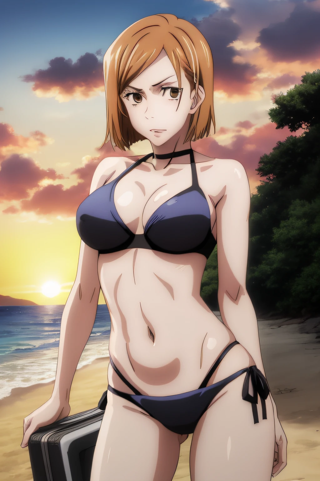 masutepiece, Best Quality, High quality,
Outdoors, Beach, Sunset,
Looking at Viewer, Cowboy Shot,
Black Bikini, Red trim,
nobara,