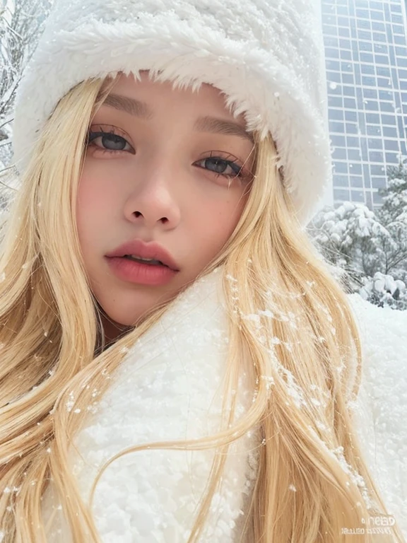 Chica rubia con sombrero de piel blanca y bufanda en la nieve., Parque Roseanne de Blackpink, Lalisa Manobal, Ava Max, Jossi de Blackpink, Lalisa Manoban de Blackpink, foto de perfil, en la nieve, con pelo largo blanco, con el pelo largo y blanco, very long snow colored hair, frio como ! 🧊, Cabello largo y rubio y ojos grandes