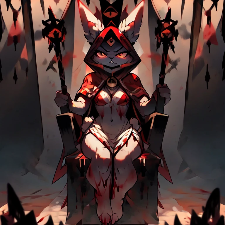 ( female white bunny)  ( white cloak with golden on it that covered in blood ) ( stars symbol on her chest) ( sitting on a throne ) ( cult tent )  ( holding a staff  ) ( death glare) ( face cover in blood)