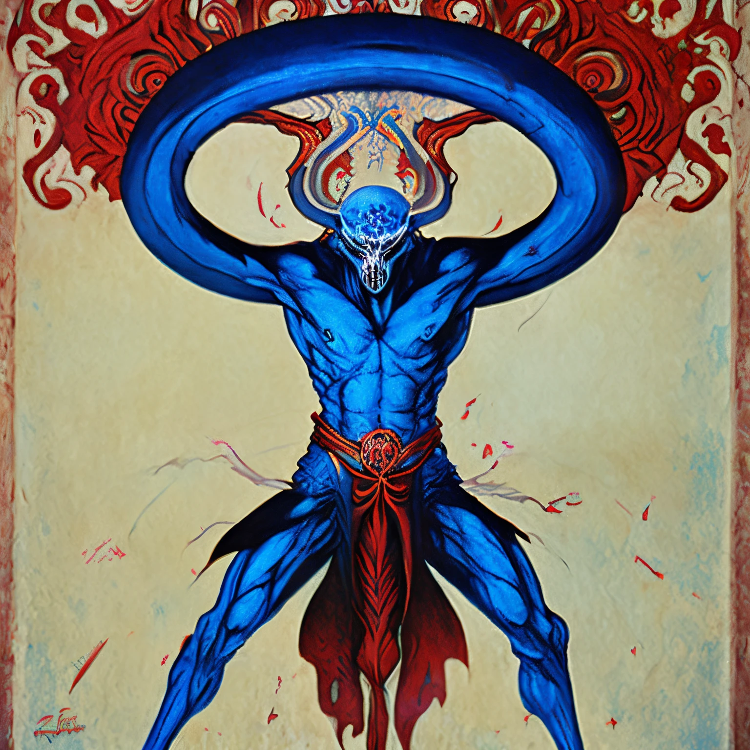 male djinn man demon hybrid, Fit male demon with white horns, Dagoth seu, demonic creature, djinn man male demon, arte conceitual demon soul, deus com chifres, human male demon, one a demon - like creature, one a demon-like creature, atmosfera azul celeste, FALLEN ANGEL, vermelho e azul celeste predominantes