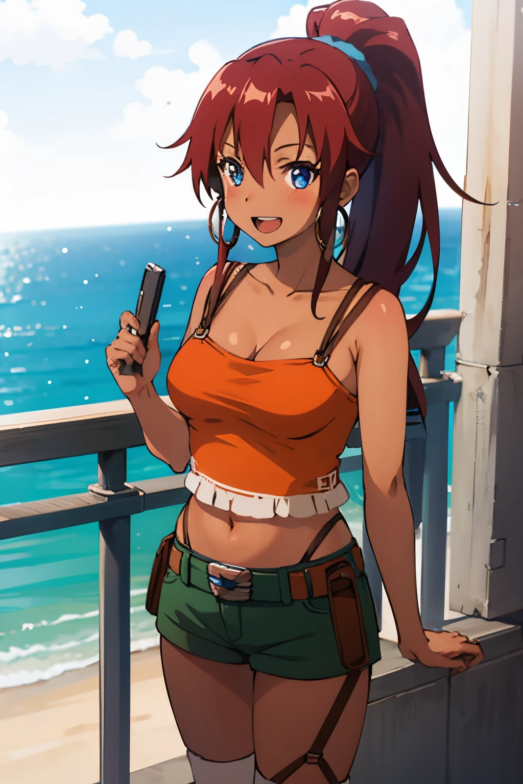 Best Quality, (masutepiece:1.2), Detailed,
Bellows SNG,
1girl in, Solo, Light blush, Smile, Open mouth,
(Dark skin:1.1), , Red hair, Ponytail, Blue eyes, hoop earrings, medium breasts,
Orange tank top, cleavage, Green shorts, brown belt, Navel, garter strap, white thighhig,
Standing, Looking at the viewer,
ocean