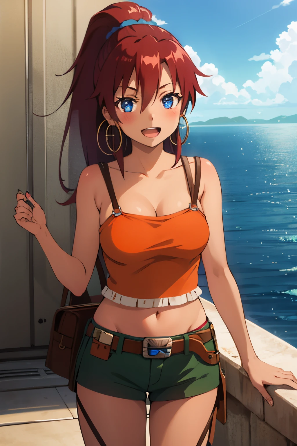 Best Quality, (masutepiece:1.2), Detailed,
Bellows SNG,
1girl in, Solo, Light blush, Smile, Open mouth,
(Dark skin:1.1), , Red hair, Ponytail, Blue eyes, hoop earrings, medium breasts,
Orange tank top, cleavage, Green shorts, brown belt, Navel, garter strap, white thighhig,
Standing, Looking at the viewer,
ocean