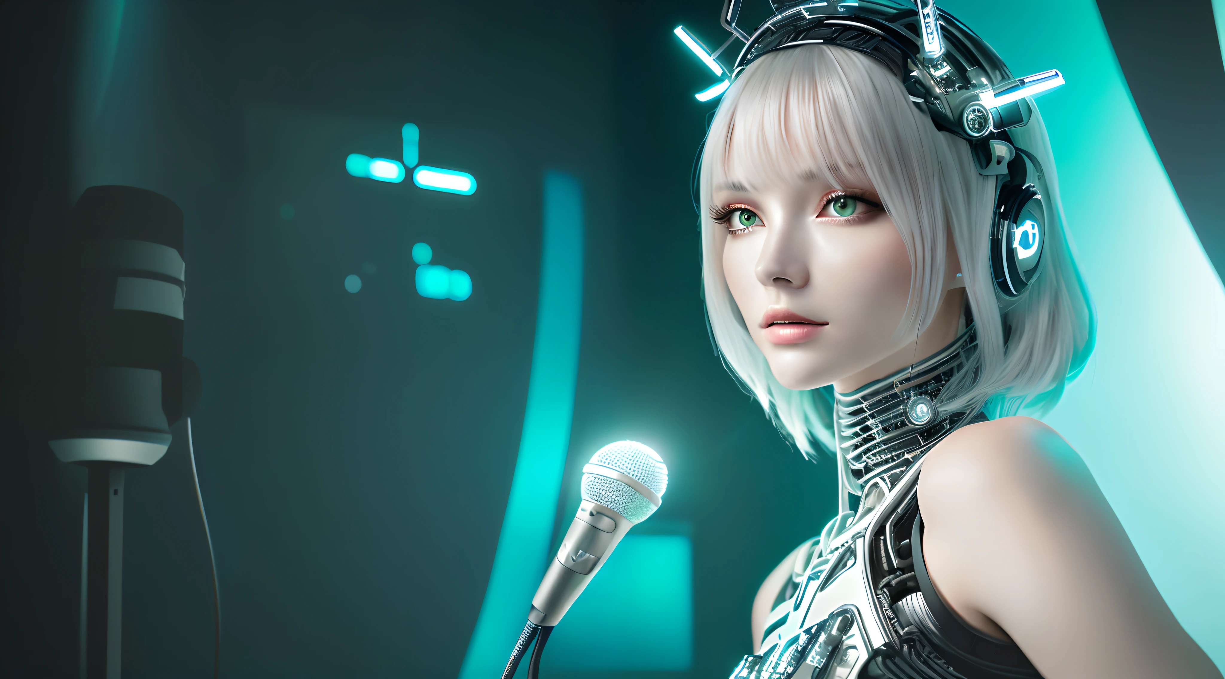ultra detalhado bonito porcelana android rosto da mulher, Ela segura o microfone como um DJ, Zolotisní World,  Robot parts deicas, 150mm, beautiful studio soft light, luz de borda, detalhes marcantes, cyberpunk de luxo, renda, hiper-realista, Anatomical, facial muscles, cabo, electrical wires, microchip, elegante, fundo bonito, Imagem de Octane, Estilo HR Giger, 8k, a melhor qualidadet, A obra-prima, 插圖, Extremamente fino e bonito, extremamente detalhado, CG, unidade, papel de parede, (Realista, photo-realistic: 1,37), surpreendente, finamente detalhado, A obra-prima, a melhor qualidadet, arte oficial, Extremely detailed wallpapers Computer Graphics Unity 8k, Absurdo, Incrivelmente absurdo, Robot, capacete prateado, o corpo inteiro, sedentary