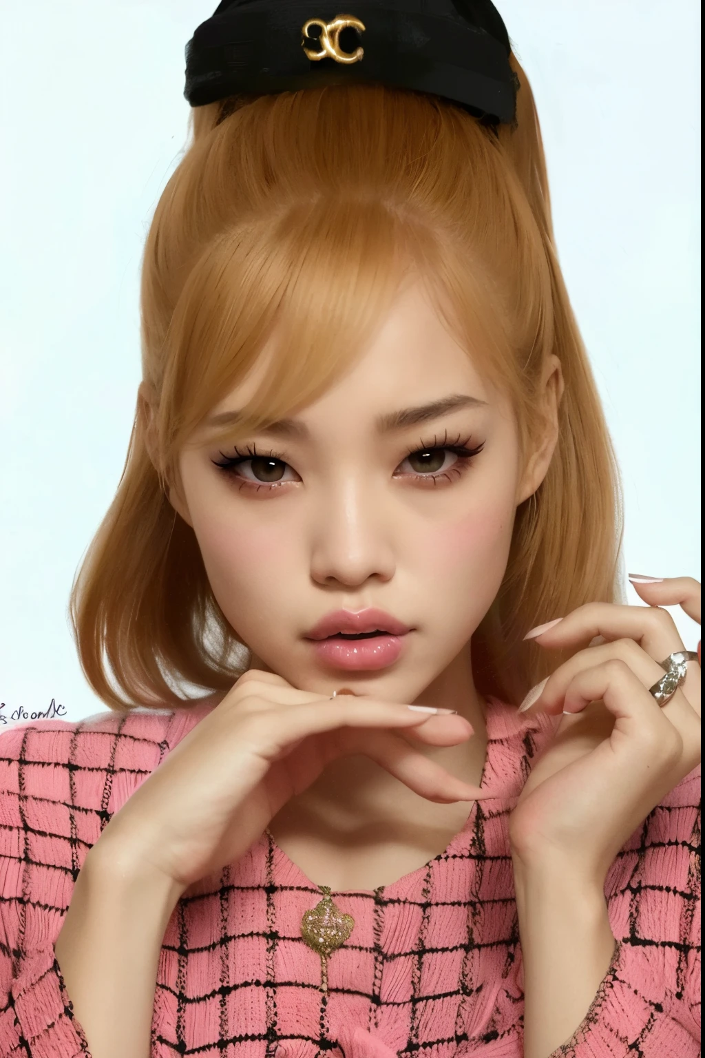 un primer plano de una mujer con un sombrero negro en la cabeza, Parque Roseanne de Blackpink, Retrato de Jossi de Blackpink, Blackpink Jennie, Lalisa Manobal, Lalisa Manoban de Blackpink, Jossi de Blackpink, Retrato realista kawaii, inspirado por Sim Sa-jeong, in the art style of bowater, inspirado por Yanjun Cheng