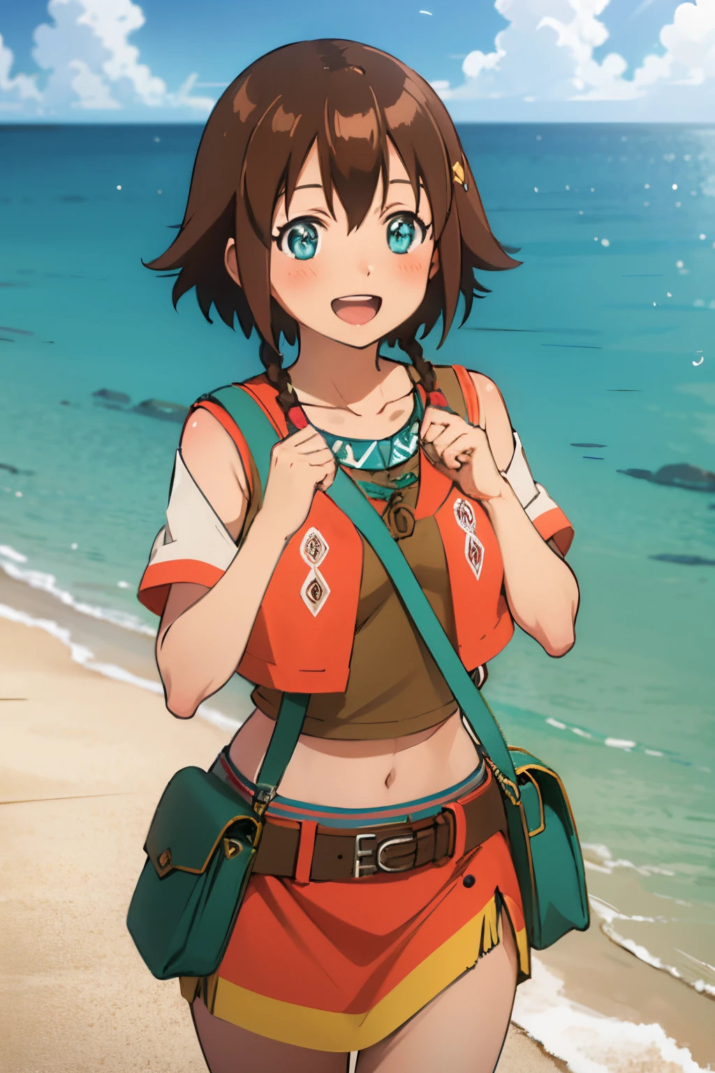 Best Quality, (masutepiece:1.2), Detailed,
amy song,
1girl in, Solo, blush, Smile, Open mouth,
(Dark skin:1.1), Brown hair, Short hair, aqua eyes, Twin braids,
vests, croptop, Skirt, Belt bag,
Standing, 双臂在头后, Looking at the viewer,
llight rays, ocean, cloud