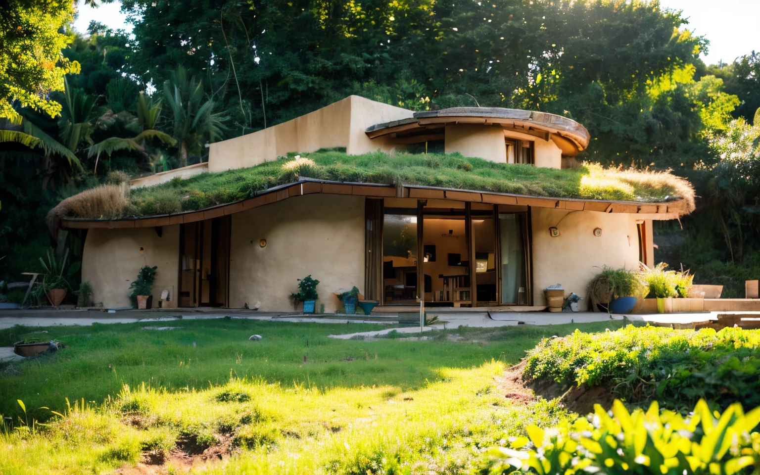 A photograph of a symmetrical contemporary house with (((one hyperbolic paraboloid green roof))) and (((biological pool))) and ((base wall foundation)) in a tropical backyard, with high roof and long eaves, mustard yellow terracota plaster walls (((rustic clay stucco))), ((corner walls rounded)), ((rustic clay plaster)), (((terracotta walls with rounded corners, organic curves))), (((rustic earth plaster, mud))), (((hyperbolic-shaped green roof with wooden edge))), (((wooden roof structure, wooden rake, wooden fascia board))), eaves, ((roof with wooden structure)), In Bahia (((tropical garden))), ((natural houses, organic buildings, organic architecture)), ecovillage, sustainable architecture, bioconstruction architecture, solarpunk architecture, (((grass roof, green roof, green wave roof, rounded roof, vegetated roofs))), (((rock base foundation wall, foundation height 30cm, stone base wall 30cm high))), ((green architecture)), passive house, clear sky in the background, painful beauty, modern, imposing, green house, ((Bali hobbit Hadid Style)), super resolution, cinematic, color grading, editorial photography, photography, photo shoot, (((dramatic front eye top angle view))), O 50mm, depth of field, intricate details, natural colors, sharp focus, warm light, shutter speed 1/1000, F/22, White Balance, Ray Trace Reflections, Lumen Reflections, Screen Space Reflections, Diffraction Rating, Chromatic Aberration, GB Shift, Partial Lighting, Backlighting, Daylighting, Scan Lines, ambient occlusion, antialiasing, shaders, OpenGL-Shaders, GLSL-Shaders, Post-processing, post-production, shading, tone mapping, incredibly detailed and complex, hypermaximalist, elegant, hyperrealistic, super detailed, dynamic pose, Fujifilm XT