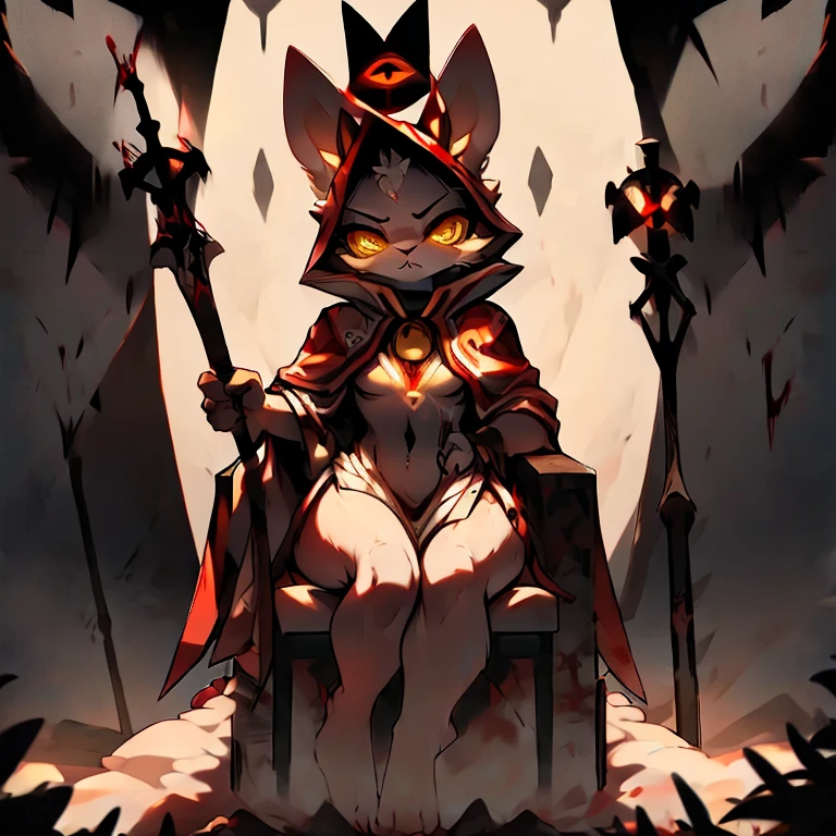 ( female white bunny)  ( white cloak with golden on it  ) ( golden eyes) ( stars symbol on her chest) ( sitting on a throne ) ( cult tent )  ( holding one staff  ) ( death glare) ( face cover in blood)