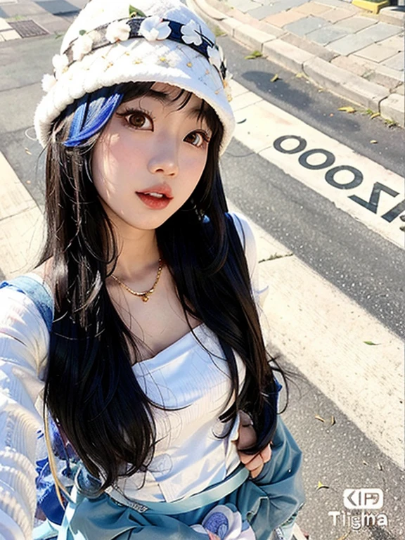 Arafed Asian woman with long hair and white hat., Asian girl with long hair, con el pelo largo, ulzzang, 19 year old girl, Xision Wu, young cute wan asian face, 8k selfie photograph, Xintong Chen, Chiho, Chica de anime en la vida real, a young asian woman, Sakimichan