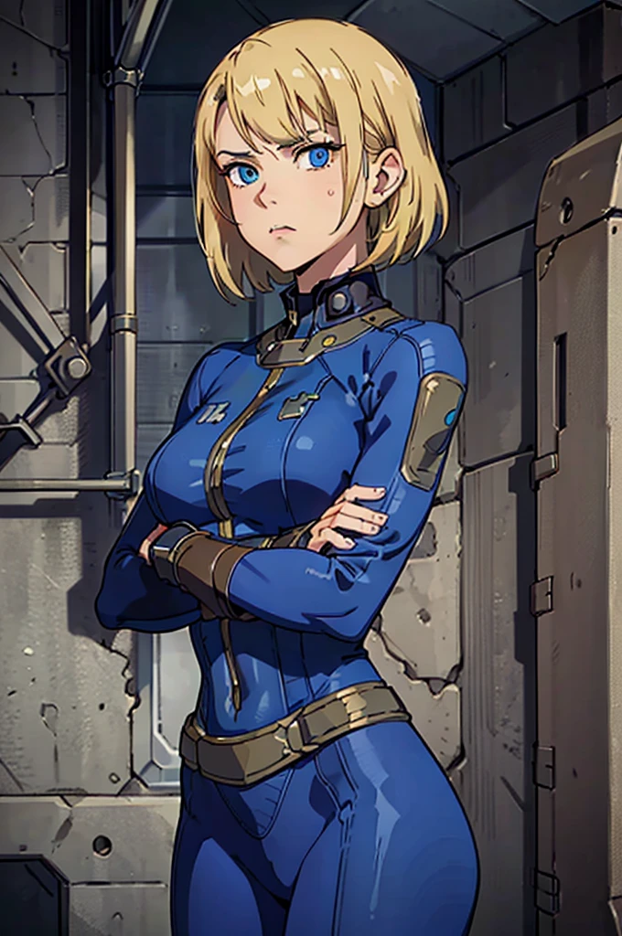 best quality)), ((masterpiece)), (detailed), 1girl, perfect face, serious face, serious, crossed arms, perfect hands, five finger, Fallout, portrait from the waist up, facing the camera, Crypt suit, perfect eyes, blue crypt suit, short blonde hair, slanted fringe