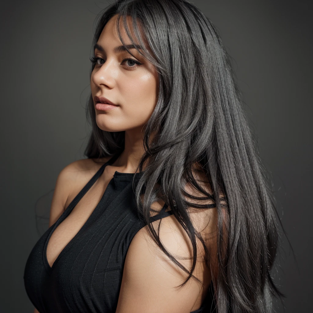 woman with long gray hair and black  , , so photo of a beautiful woman, high quality portrait, beautiful girl model, single person only, side pose, big boobs