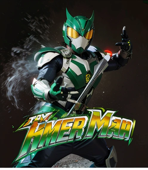 um close de uma pessoa vestida de verde e branco segurando uma espada, Thunder Man, Kamen Rider, an epic anime of a energy man, Power Ranger Verde, alta fantasia Kamen Rider, Arte Promocional, Power Ranger, Kamen Rider personagem, desenhado como o anime speed racer, Album art, Ultraman, Kamen Rider fantasma, kamen rider action pose, fanart oficial