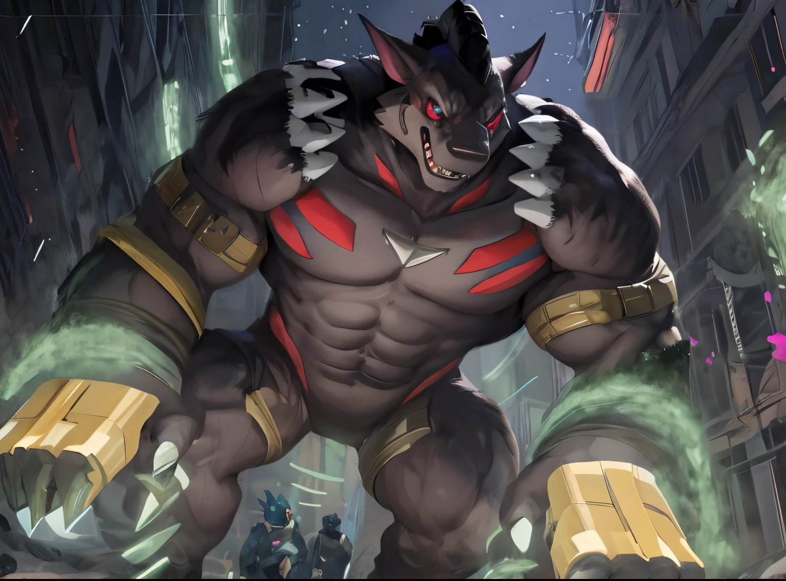 MONOMASA, (gigantic muscles), 8K, Masterpiece, highres, future fiction. Detailed head, Detailed Body, full body, Detailed abs, wearing crNanosuit, big muscle (pecs, triceps, traps) unusually developed muscular body, body full of huge muscles. showing off muscles, pectorales enormes. Exaggeratedly huge muscles. Gigachad Muscular, gigantic muscles, Colossal giant NANOSUIT over a battlefield, 
The claws are sharp,
Sharp teeth,
Spread wings, have big wings.
nj5furry, micro city, nj5furry, hyper penis (black color), long legs, symbiote