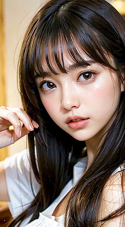 1womanl, up of face, mideum breasts, light brown hair, Blunt bangs, hair behind ear, hair over shoulder, Long hair, slender body shape, Ultra Fine Face, Thin face, Delicate lips, Beautiful eyes, thin blush, eyes are light brown, perfect glossy skin, flawless skin, Glistening sweat,View here, Ultra-thin hands, Ultra-fine fingers, best ratio four finger and one thumb, (realisitic:1.3), Finger Extensions,White blouse, One-person viewpoint, Fuji Film, F/1.2, 8K, masutepiece, nffsw, Super Detail, High quality, Best Quality, hight resolution, Do not show your hands、the golden hour beatiful lights,乃木坂アイドル