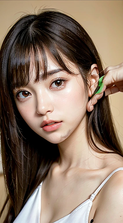 1womanl, up of face, mideum breasts, light brown hair, Blunt bangs, hair behind ear, hair over shoulder, Long hair, slender body shape, Ultra Fine Face, Thin face, Delicate lips, Beautiful eyes, thin blush, eyes are light brown, perfect glossy skin, flawless skin, Glistening sweat,View here, Ultra-thin hands, Ultra-fine fingers, best ratio four finger and one thumb, (realisitic:1.3), Finger Extensions,White blouse, One-person viewpoint, Fuji Film, F/1.2, 8K, masutepiece, nffsw, Super Detail, High quality, Best Quality, hight resolution, Do not show your hands、the golden hour beatiful lights,乃木坂アイドル