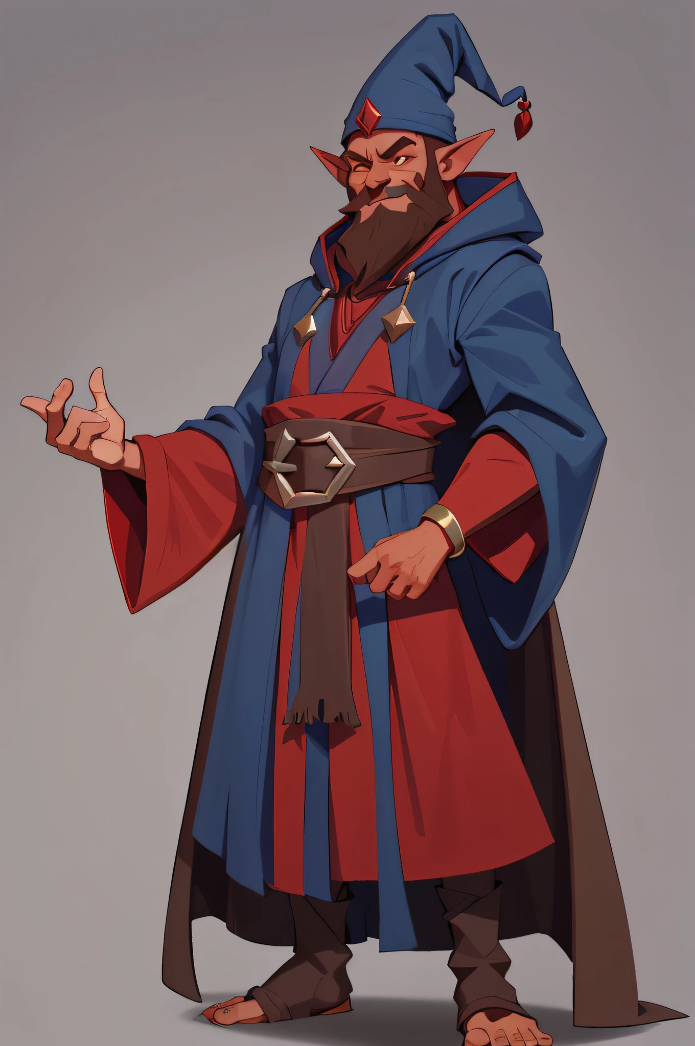 1boy, goblin ((RED skin)), pointed ears, broad nose, ((DARK BROWN BEARD)), wearing wizard robe (blue), pointed cap (red), mstoconcept art, european and american cartoons, game character design, solo, BACKGROUND, GRAY BACKGROUND, WIZARD, FULL BODY, STANDING, SMILING, ROBE, HOOD, JEWELRY, BRACELET, WIDE SLEEVES, BELT, GEMSTONE, LONG SLEEVES,